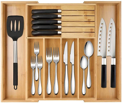 Expandable Bamboo Cutlery Organizer with Knife Storage