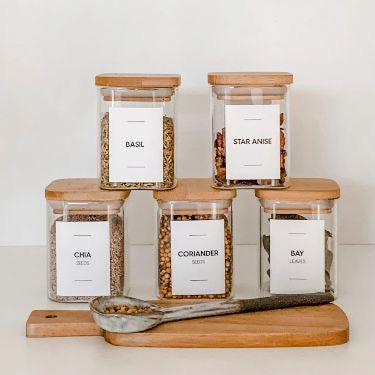 Set of 12 square spice jars 235 ml and labels