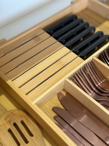 Expandable Bamboo Cutlery Organizer with Knife Storage