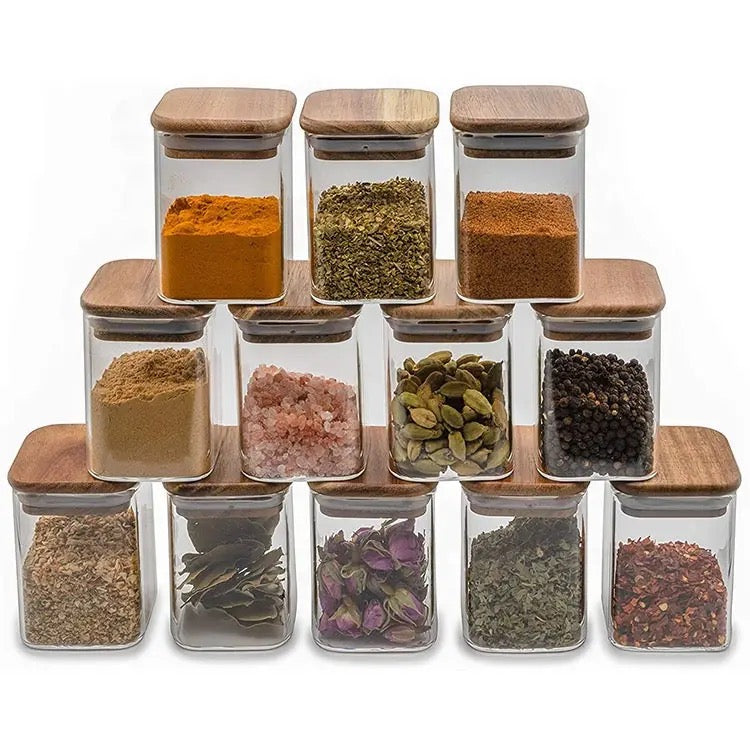 Set of 12 square spice jars 235 ml and labels