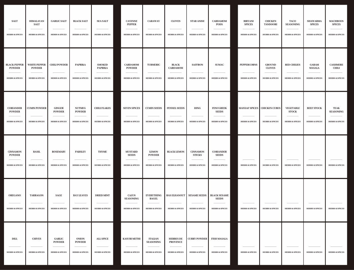 Set of 12 square spice jars 235 ml and labels